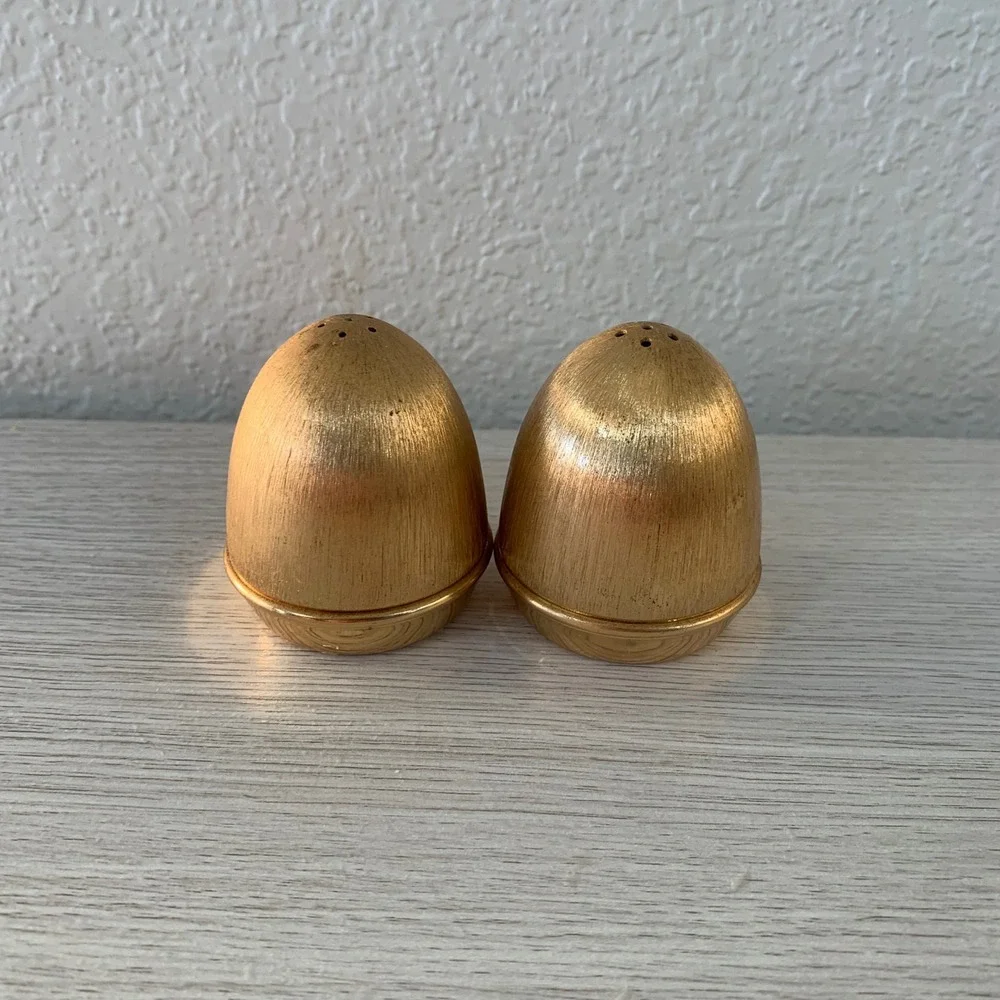 Vintage Napier Egg Shaped Salt Pepper Shakers Gold Tone Brushed‎ Metal MCM